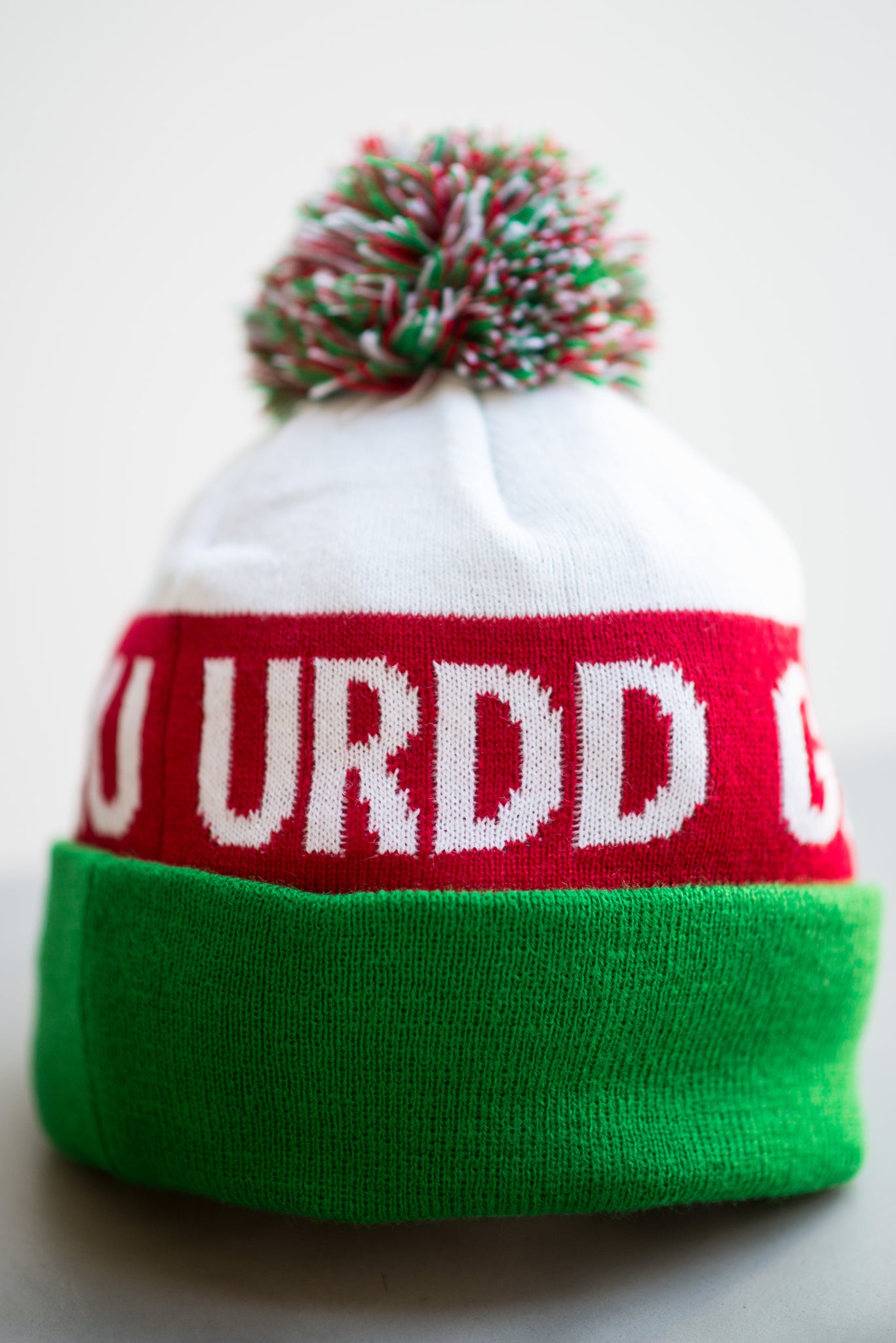 Urdd red white and green bobble hat